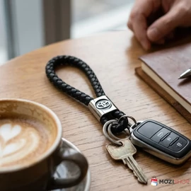 Toyota fonott bőr kulcstartó, távirányító tartó dupla kulcskarikával 