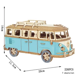 Volkswagen lakókocsi replika 3D fa modell puzzle kék