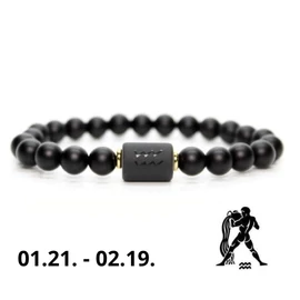 Vízöntő horoszkópos, csillagjegyes ásvány ónix karkötő férfi - Arany színű köztessel