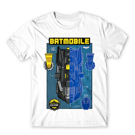 Fehér Batman férfi rövid ujjú póló - Batmobile Blueprint