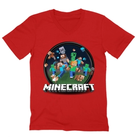 Piros Minecraft férfi V-nyakú póló - Kerek Minecraft logó 2 