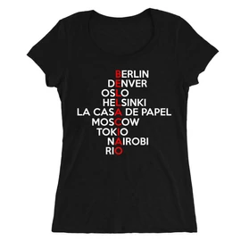 Fekete A nagy pénzrablás női O-nyakú póló - Money Heist names