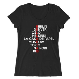 Fekete A nagy pénzrablás női V-nyakú póló - Money Heist names