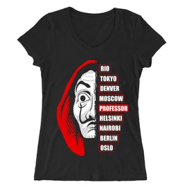 Fekete A nagy pénzrablás női V-nyakú póló - Money Heist Professor