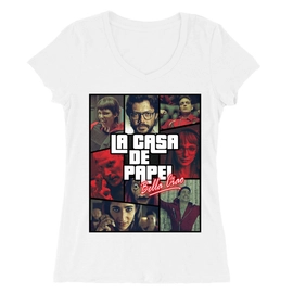 Fehér A nagy pénzrablás női V-nyakú póló - La casa de papel GTA