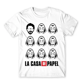 Fehér A nagy pénzrablás férfi rövid ujjú póló - La casa de papel faces