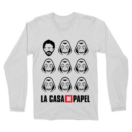 Fehér A nagy pénzrablás férfi hosszú ujjú póló - La casa de papel faces