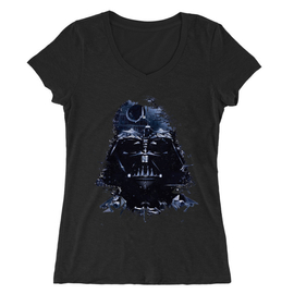 Fekete Star Wars női V-nyakú póló - Darth Vader és a Halálcsillag