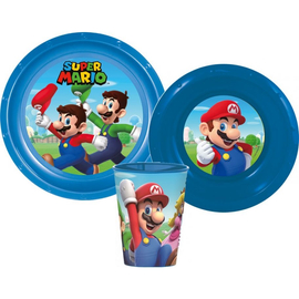 Super Mario étkészlet, műanyag szett pohárral