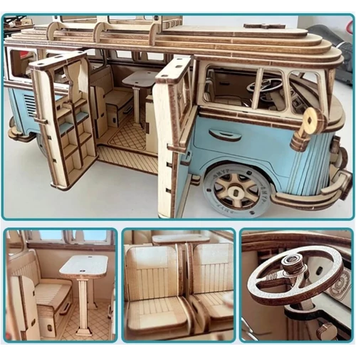 Volkswagen lakókocsi replika 3D fa modell puzzle kék
