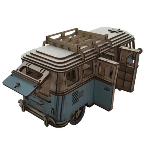 Volkswagen lakókocsi replika 3D fa modell puzzle kék