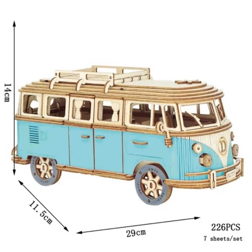 Volkswagen lakókocsi replika 3D fa modell puzzle kék