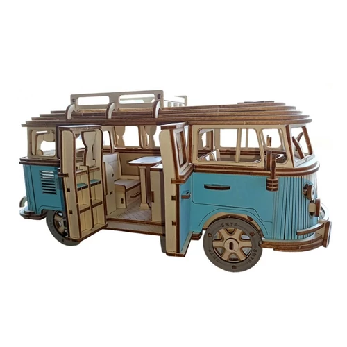 Volkswagen lakókocsi replika 3D fa modell puzzle kék