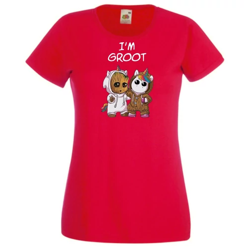 Piros Baby Groot és Unikornis női rövid ujjú póló 