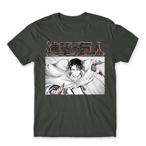 Sötétszürke Attack on Titan férfi rövid ujjú póló Shingeki no Kyojin – Levi