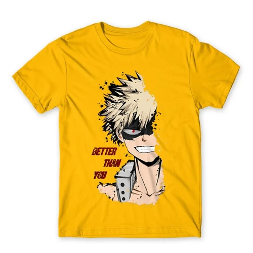 Sárga Hősakadémia férfi rövid ujjú póló - BNHA - Kacchan