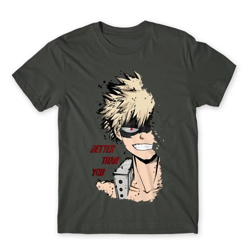 Sötétszürke Hősakadémia férfi rövid ujjú póló - BNHA - Kacchan