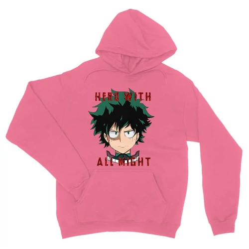 Világos rózsaszín Hősakadémia unisex kapucnis pulóver - Hero With All Might