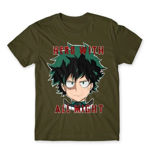 Khaki Hősakadémia férfi rövid ujjú póló - Hero With All Might