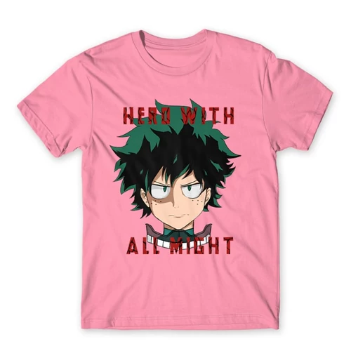 Világos rózsaszín Hősakadémia férfi rövid ujjú póló - Hero With All Might
