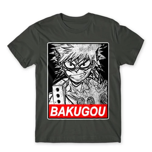 Sötétszürke Hősakadémia férfi rövid ujjú póló - Bakugou