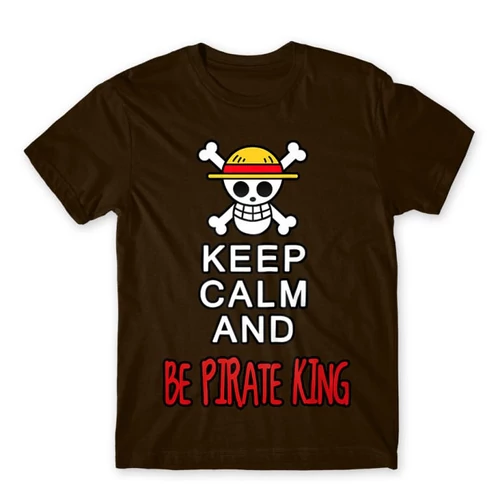 Barna One Piece férfi rövid ujjú póló - Keep Calm and Be Pirate King
