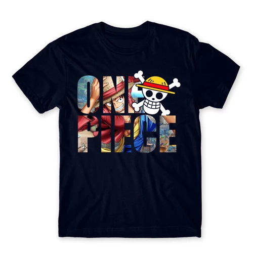Sötétkék One Piece férfi rövid ujjú póló - Text