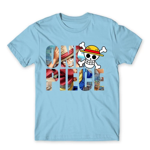 Világoskék One Piece férfi rövid ujjú póló - Text