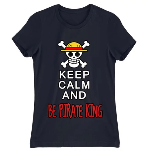 Sötétkék One Piece női rövid ujjú póló - Keep Calm and Be Pirate King
