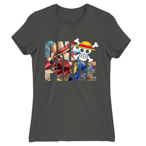 Sötétszürke One Piece női rövid ujjú póló - Text