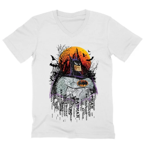 Fehér Batman férfi V-nyakú póló - Batman Comic Grunge