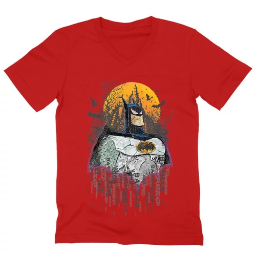 Piros Batman férfi V-nyakú póló - Batman Comic Grunge