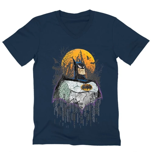 Sötétkék Batman férfi V-nyakú póló - Batman Comic Grunge