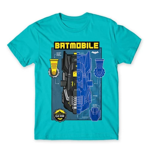 Atolkék Batman férfi rövid ujjú póló - Batmobile Blueprint