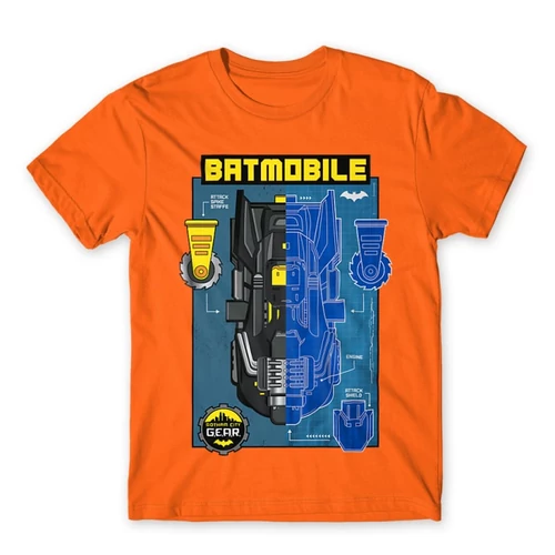 Narancs Batman férfi rövid ujjú póló - Batmobile Blueprint