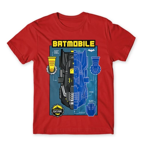 Piros Batman férfi rövid ujjú póló - Batmobile Blueprint