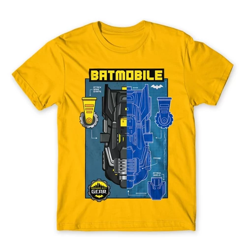 Sárga Batman férfi rövid ujjú póló - Batmobile Blueprint