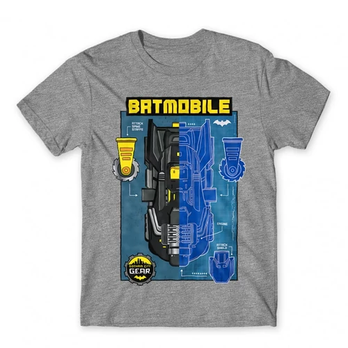 Sportszürke Batman férfi rövid ujjú póló - Batmobile Blueprint