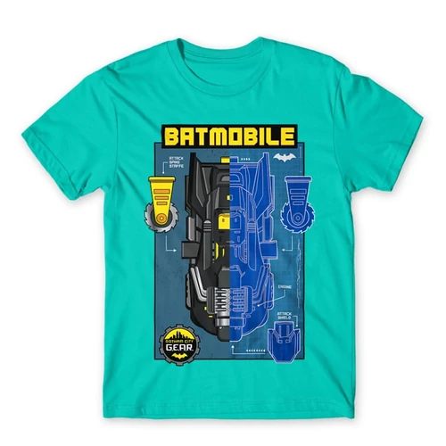 Türkiz Batman férfi rövid ujjú póló - Batmobile Blueprint