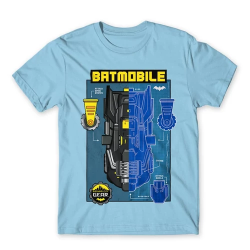 Világoskék Batman férfi rövid ujjú póló - Batmobile Blueprint