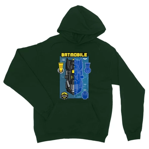Sötétzöld Batman unisex kapucnis pulóver - Batmobile Blueprint