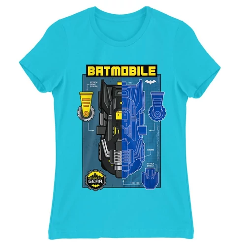 Atollkék Batman női rövid ujjú póló - Batmobile Blueprint