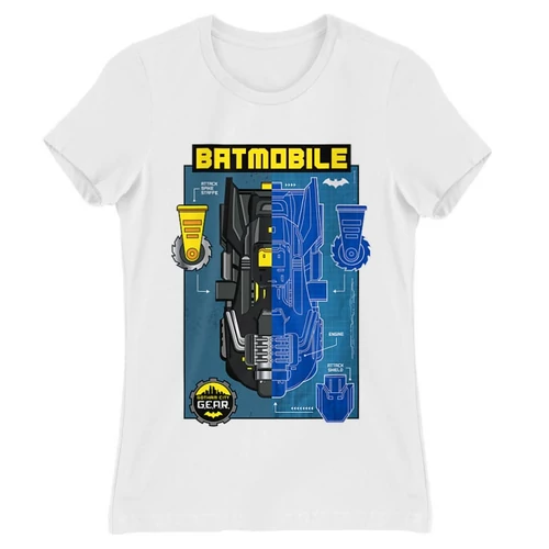 Fehér Batman női rövid ujjú póló - Batmobile Blueprint
