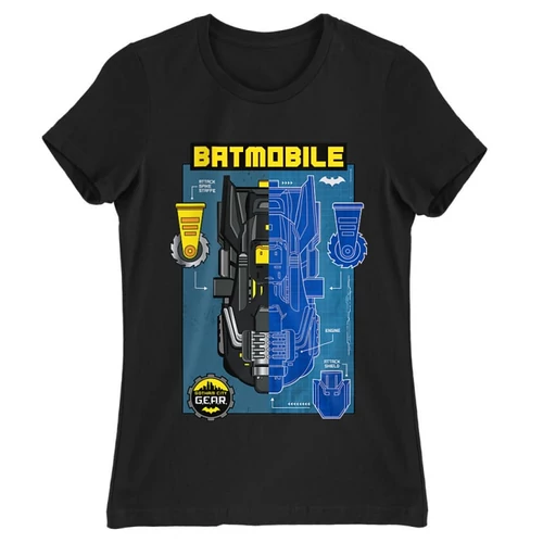 Fekete Batman női rövid ujjú póló - Batmobile Blueprint