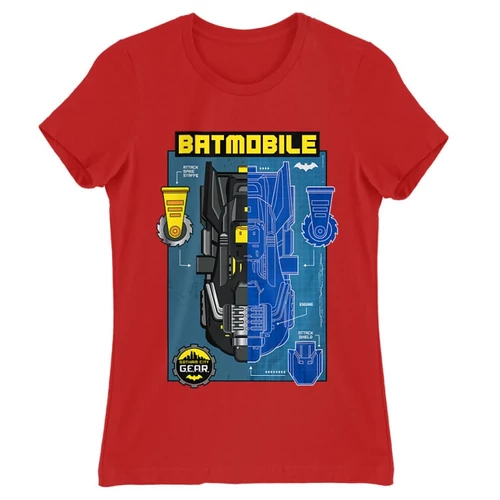 Piros Batman női rövid ujjú póló - Batmobile Blueprint