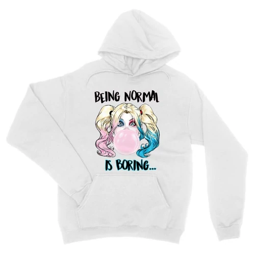 Fehér Harley Quinn unisex kapucnis pulóver - Being Normal Is Boring