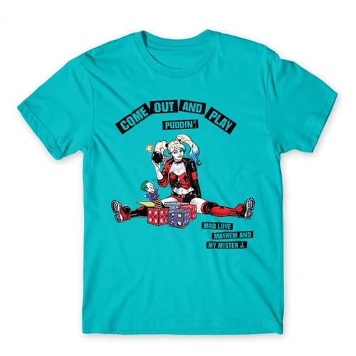 Atollkék Harley Quinn férfi rövid ujjú póló - Come Out and Play