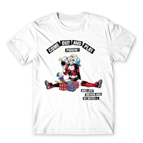 Fehér Harley Quinn férfi rövid ujjú póló - Come Out and Play