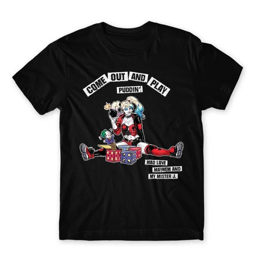 Fekete Harley Quinn férfi rövid ujjú póló - Come Out and Play
