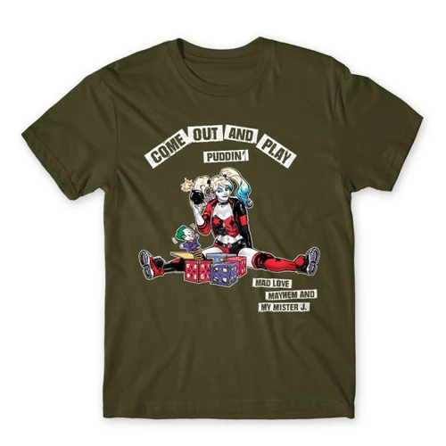 Khaki Harley Quinn férfi rövid ujjú póló - Come Out and Play
